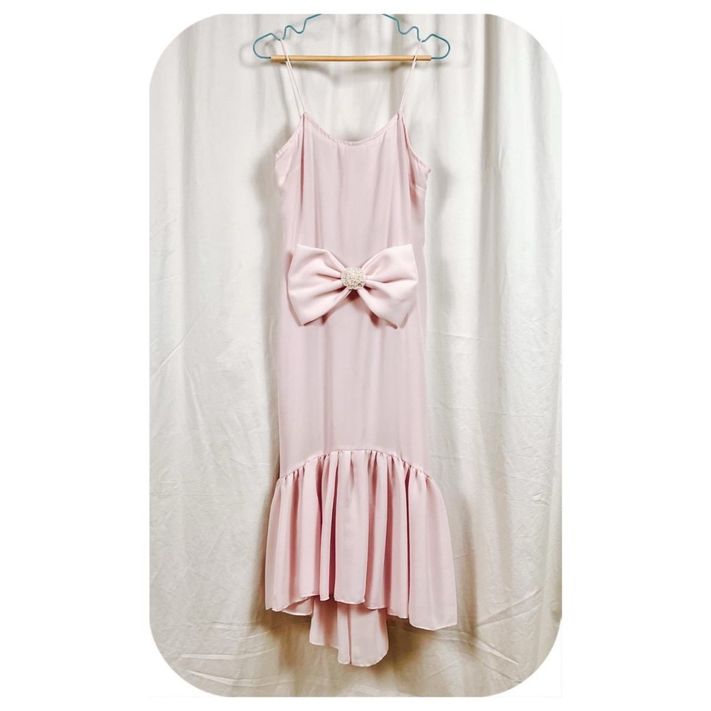 VTG 90s Baby pink Sheer Chiffon ft Pearled Bow Ruffled Mermaid Slip Dress Sz S